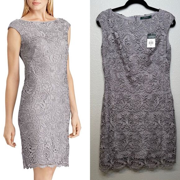 NEW Lauren Ralph Lauren Gray Evening Mesh Overlay Dress Size 8 - Picture 1 of 5